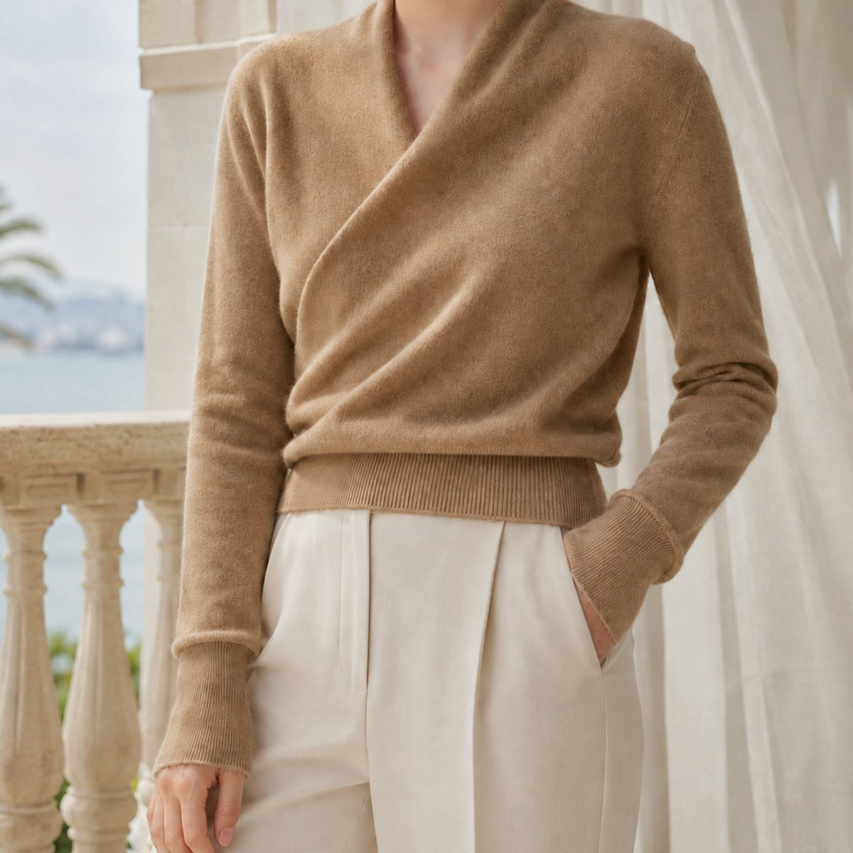 Women's Cashmere Blend Crossover Shawl-Neck Knit Jumper - Camel