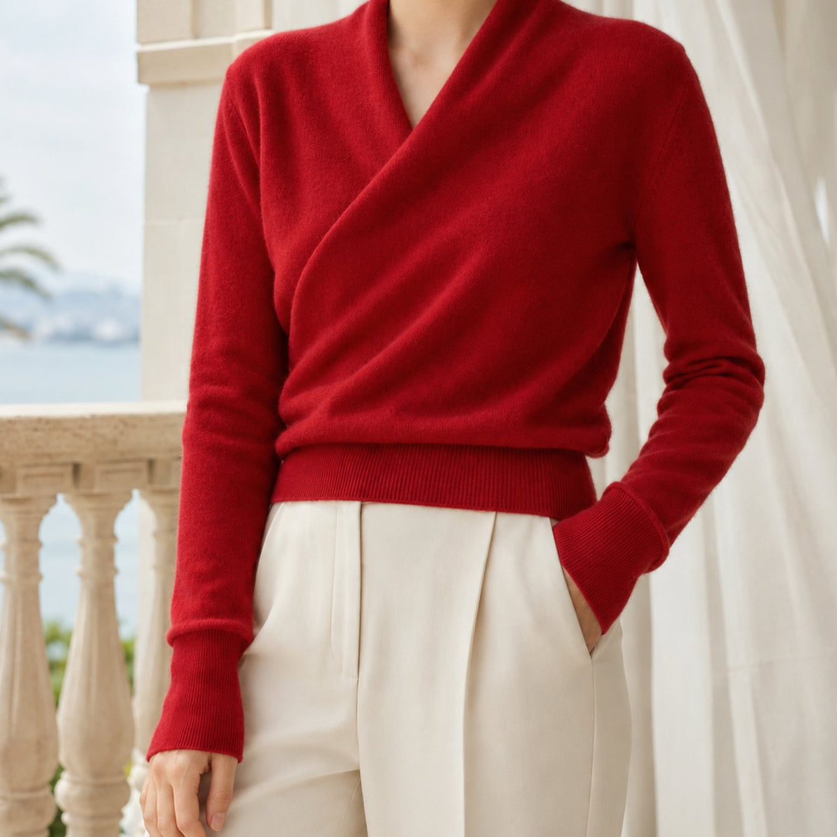Women's Cashmere Blend Crossover Shawl-Neck Knit Jumper - Red
