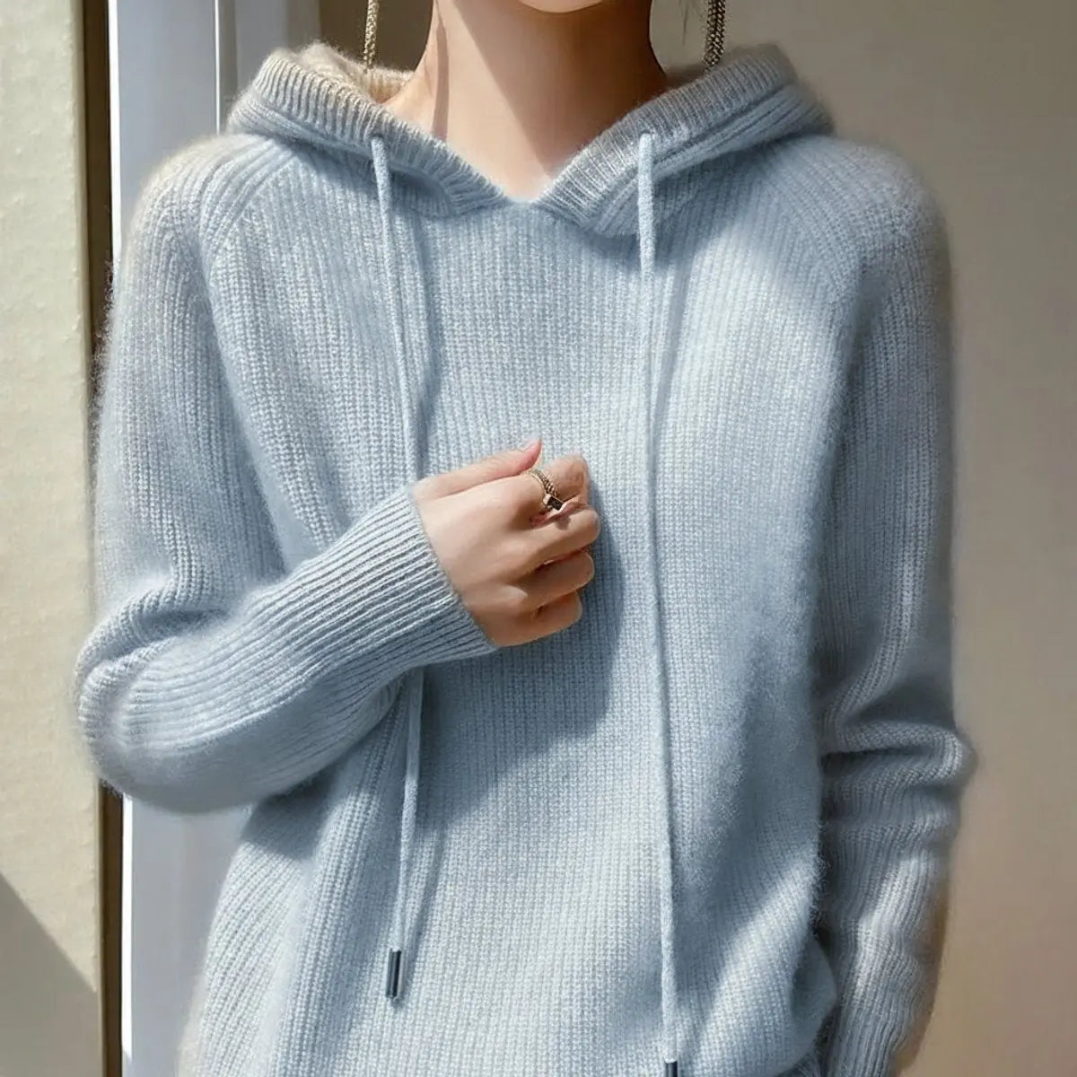 Women's Cashmere Mink Blend Hooded Knit Jumper Drawstring Hood