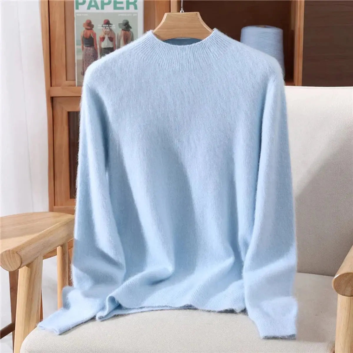 Womens Cashmere Soft Knit Relaxed Mock-Neck Jumper - Blue