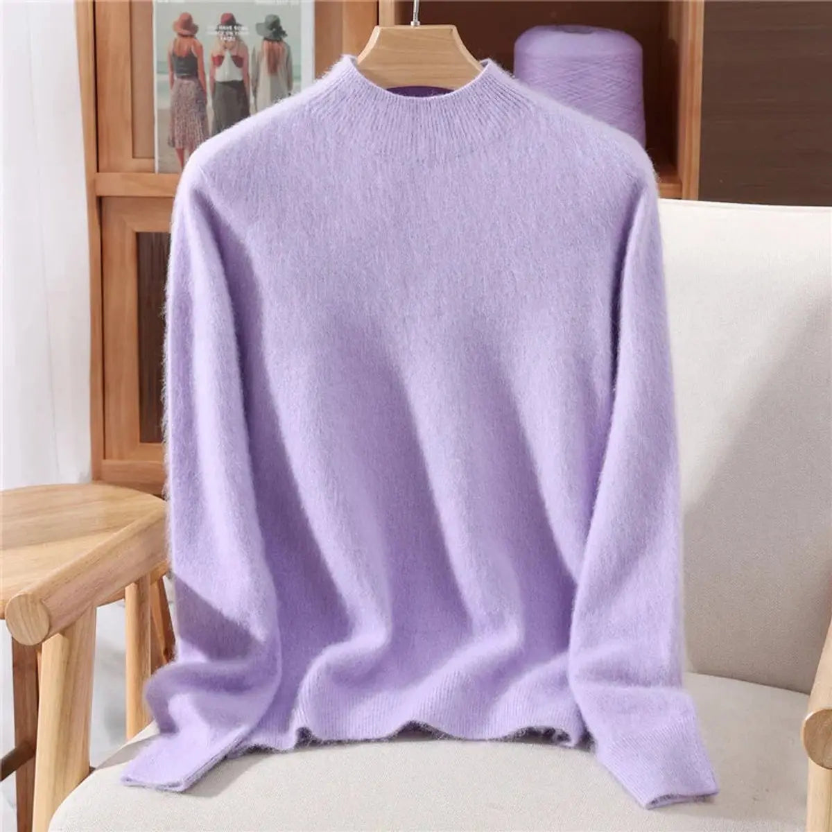 Womens Cashmere Soft Knit Relaxed Mock-Neck Jumper - Lavender Purple