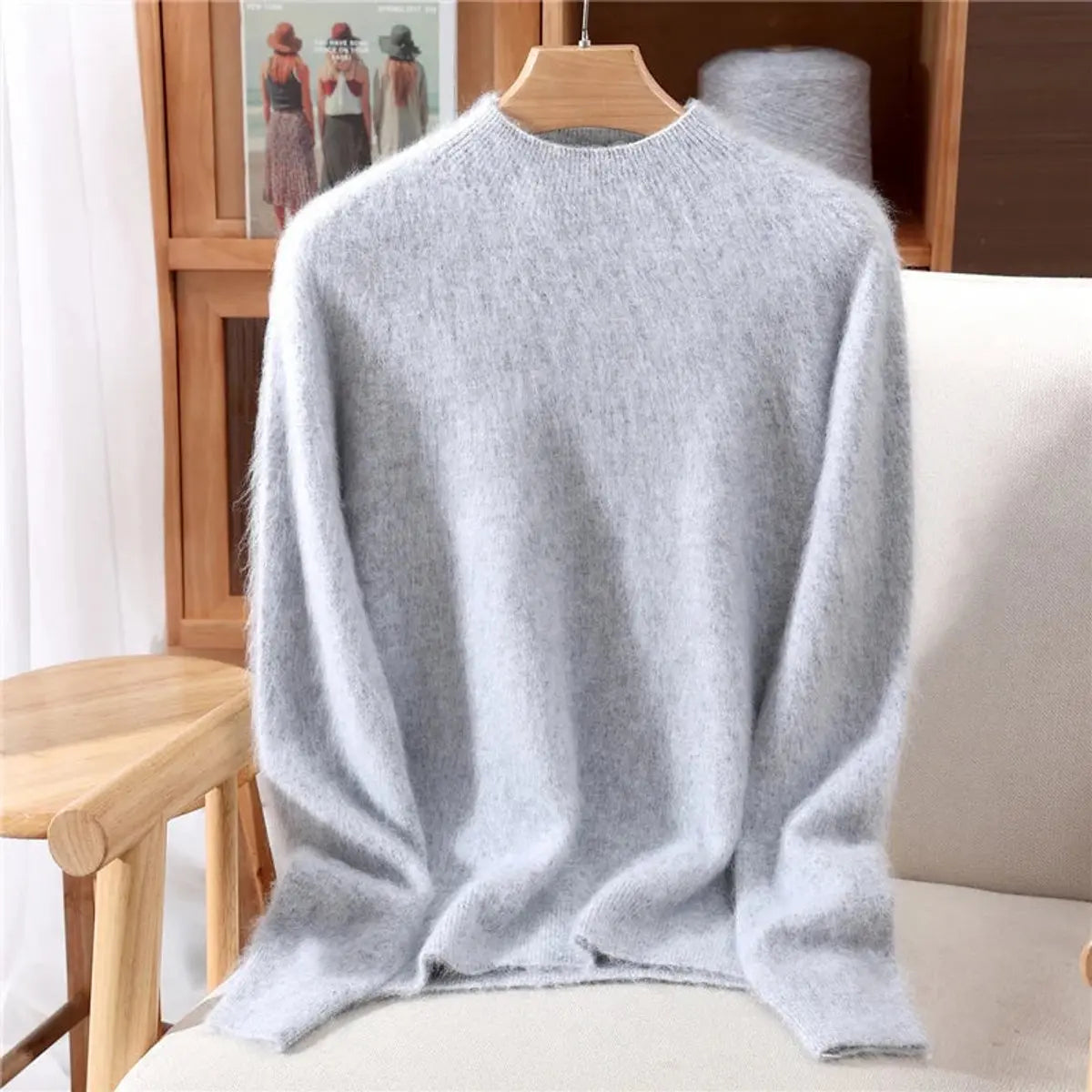 Womens Cashmere Soft Knit Relaxed Mock-Neck Jumper - Grey