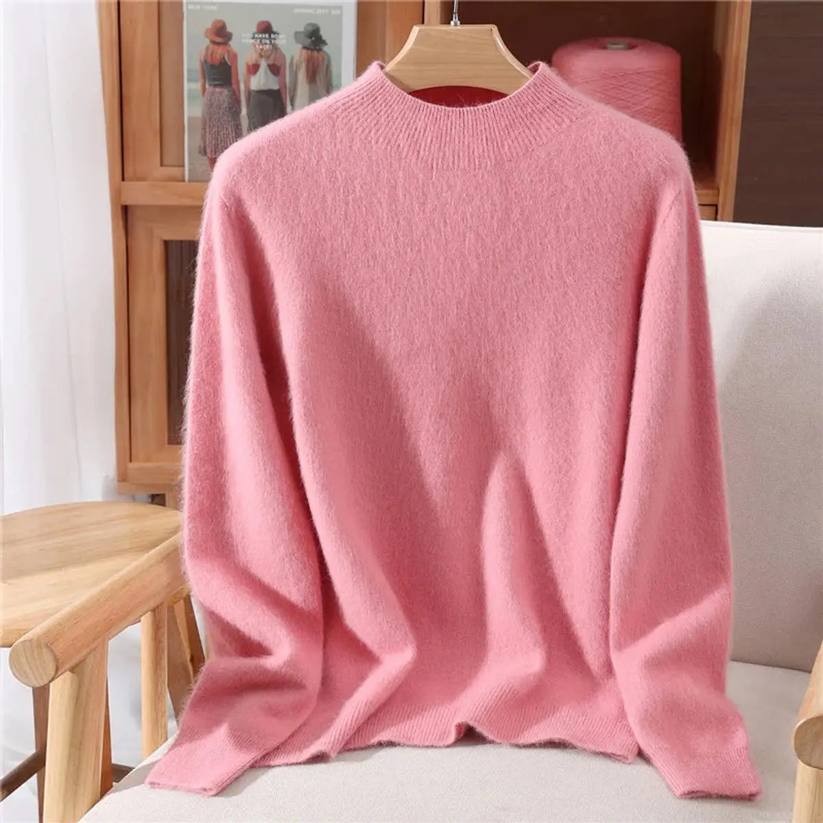 Womens Cashmere Soft Knit Relaxed Mock-Neck Jumper - Pink