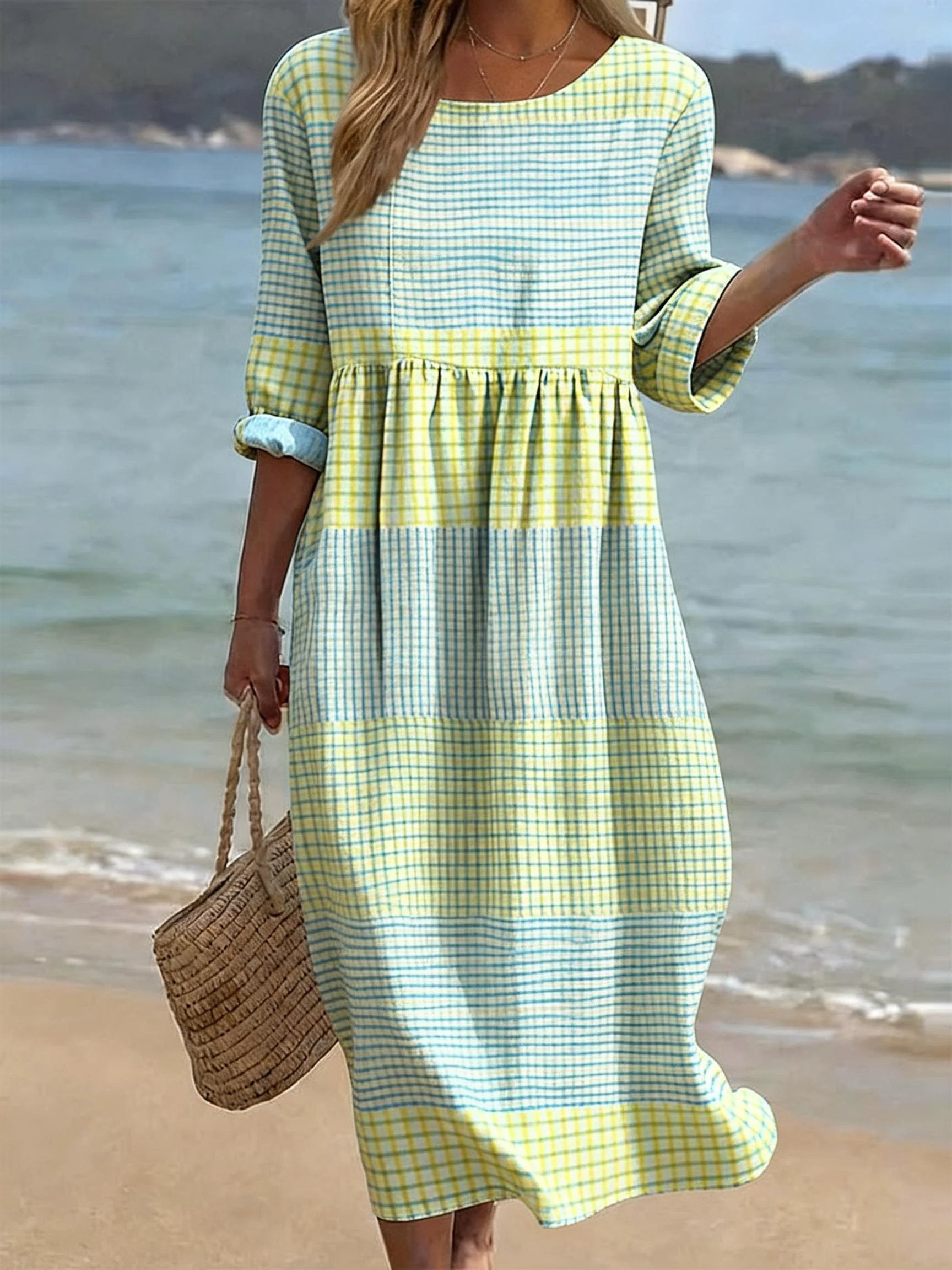 Women's Casual Dress Round Neck Half Sleeves - Kariert