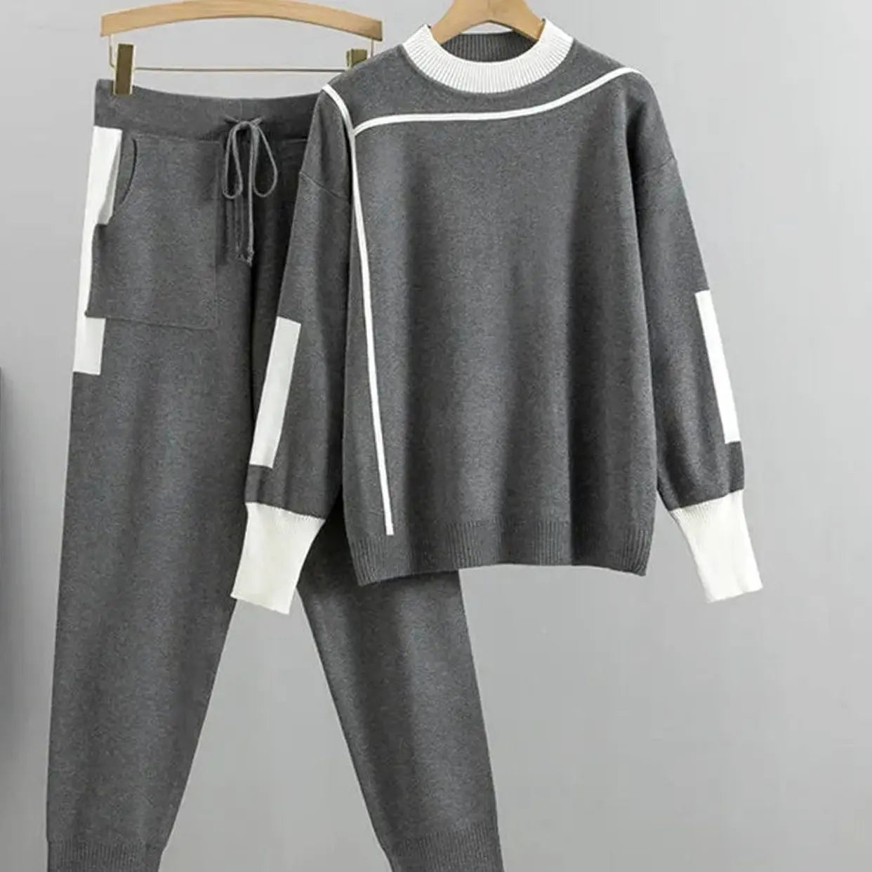 Women's Casual Knit Jogger Pants Set Contrast Trim Two-Piece - Grey
