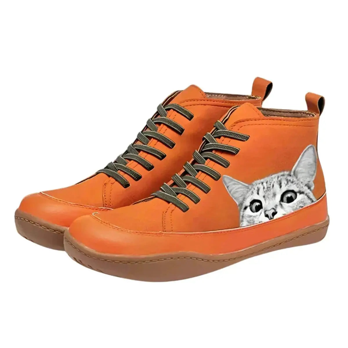 Women's Cat Print Lace-Up Leather High-Top Ankle Boots - Orange