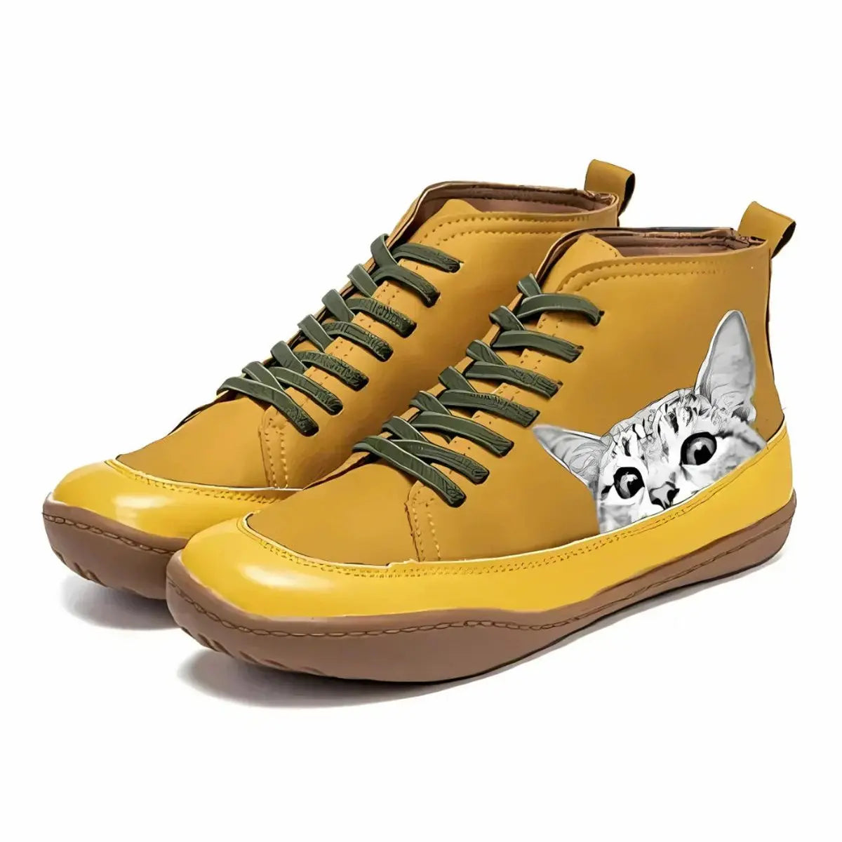 Women's Cat Print Lace-Up Leather High-Top Ankle Boots - Yellow