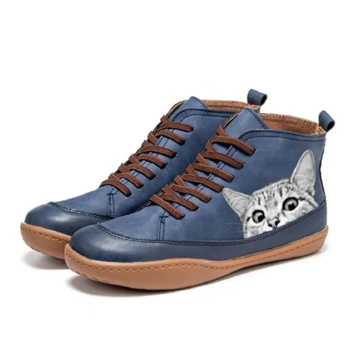 Women's Cat Print Lace-Up Leather High-Top Ankle Boots - Blue