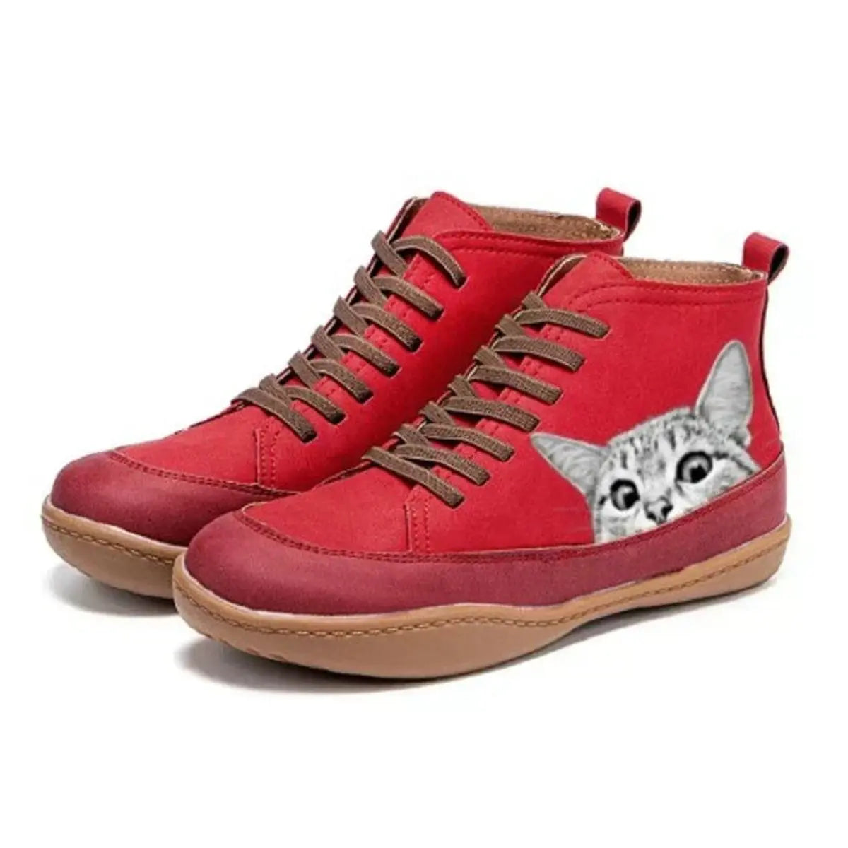 Women's Cat Print Lace-Up Leather High-Top Ankle Boots - Red