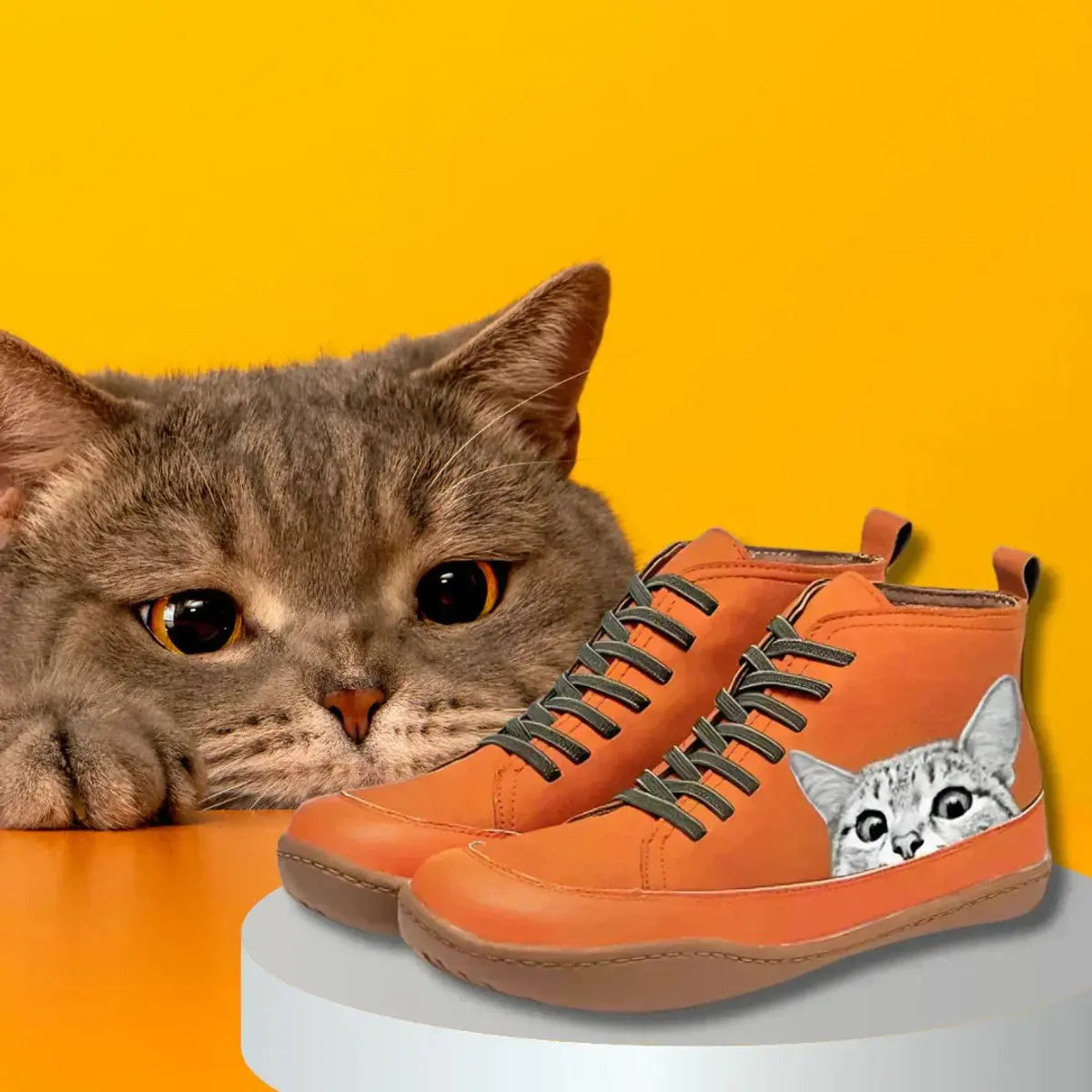 Women's Cat Print Lace-Up Leather High-Top Ankle Boots