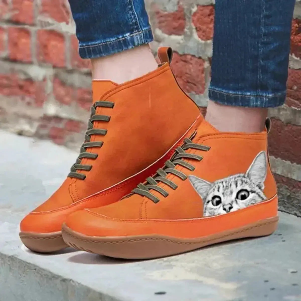 Women's Cat Print Lace-Up Leather High-Top Ankle Boots