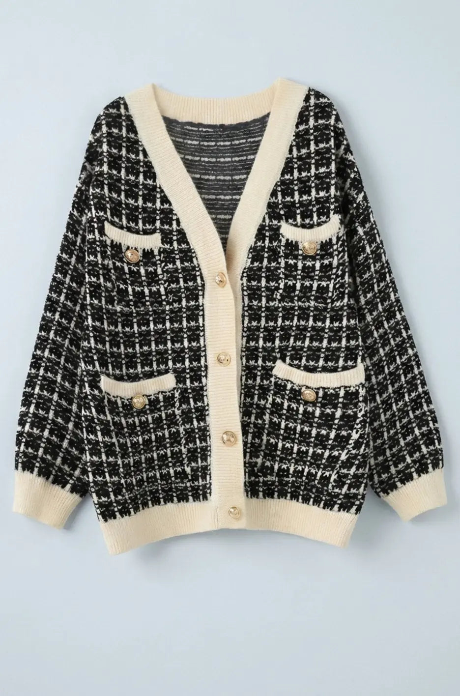 Women's Checked Tweed-Style V-Neck Knit Sweater Cardigan