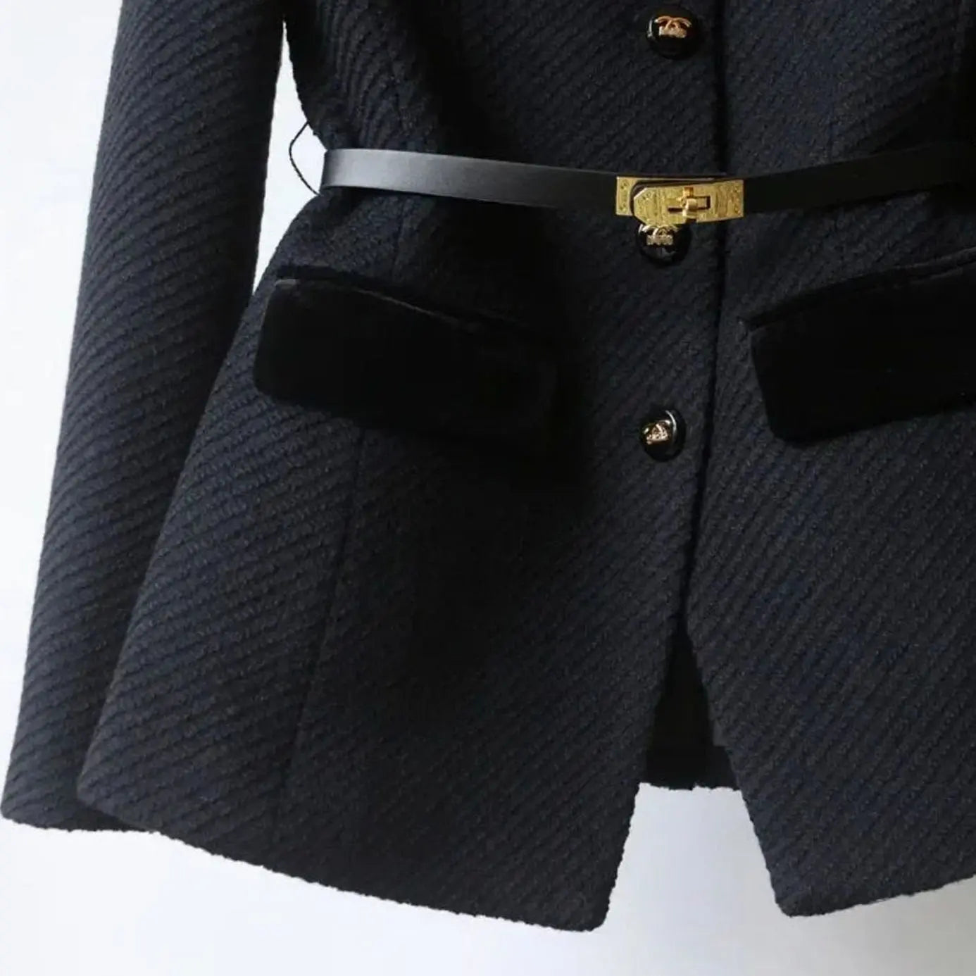 Women's Chic Belted Tweed Military-Button Coat