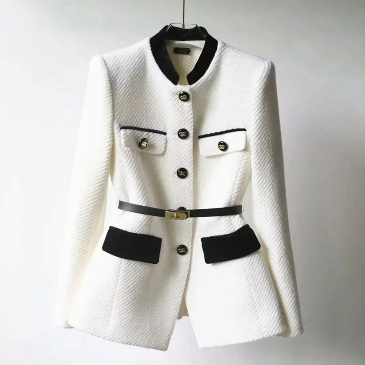 Women's Chic Belted Tweed Military-Button Coat - White