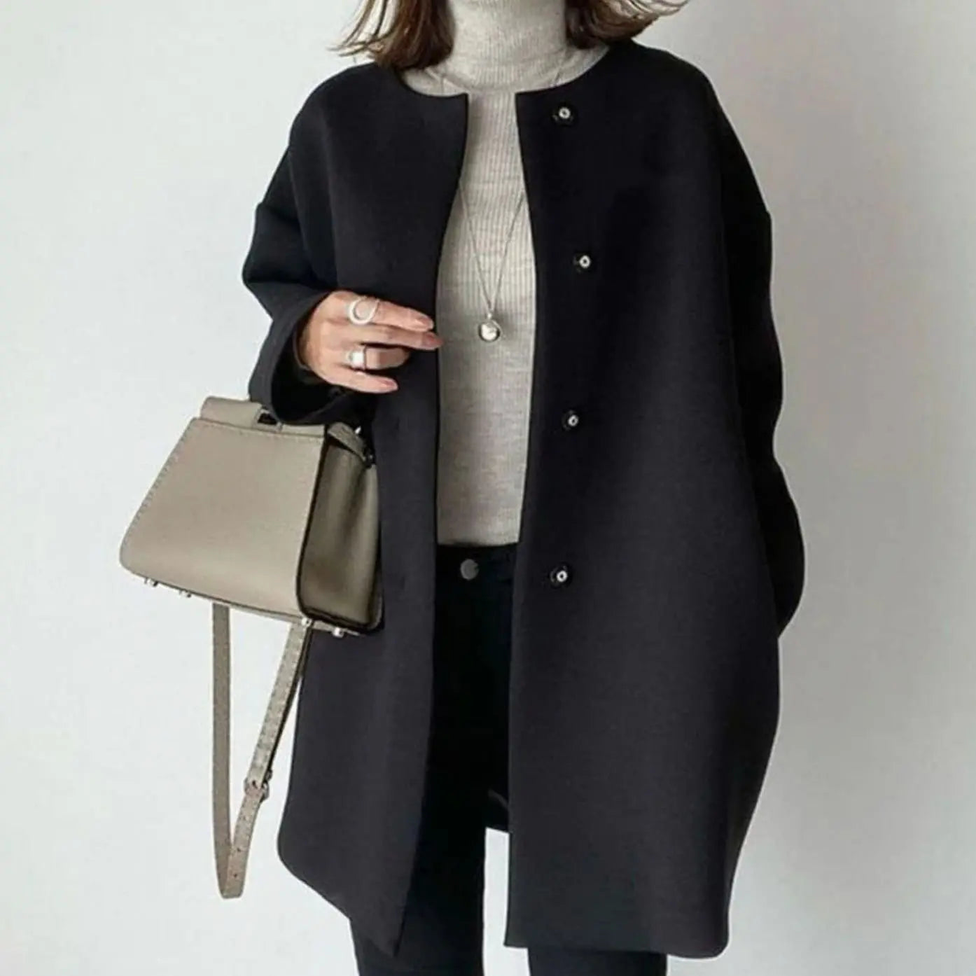 Women's Chic Collarless Button-Front Longline Coat - Black