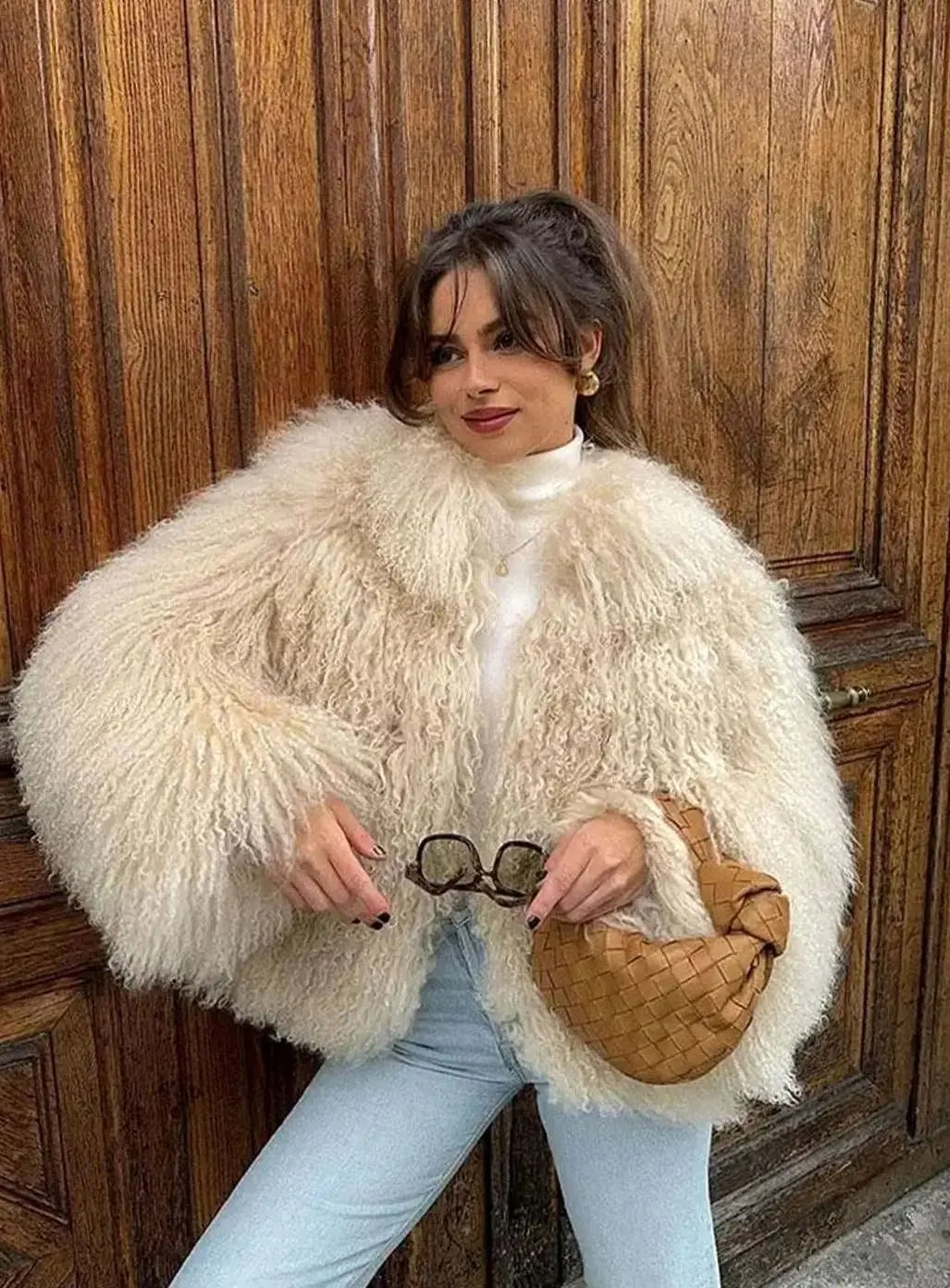 Women's Chic Faux Fur Shaggy Cropped Coat - Khaki