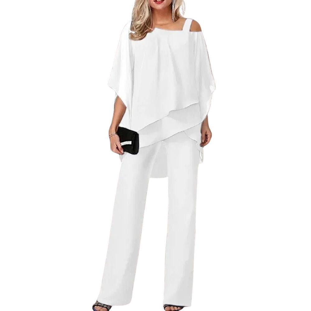 Women's Chiffon Overlay Cargo Trouser Set Batwing Sleeves - White