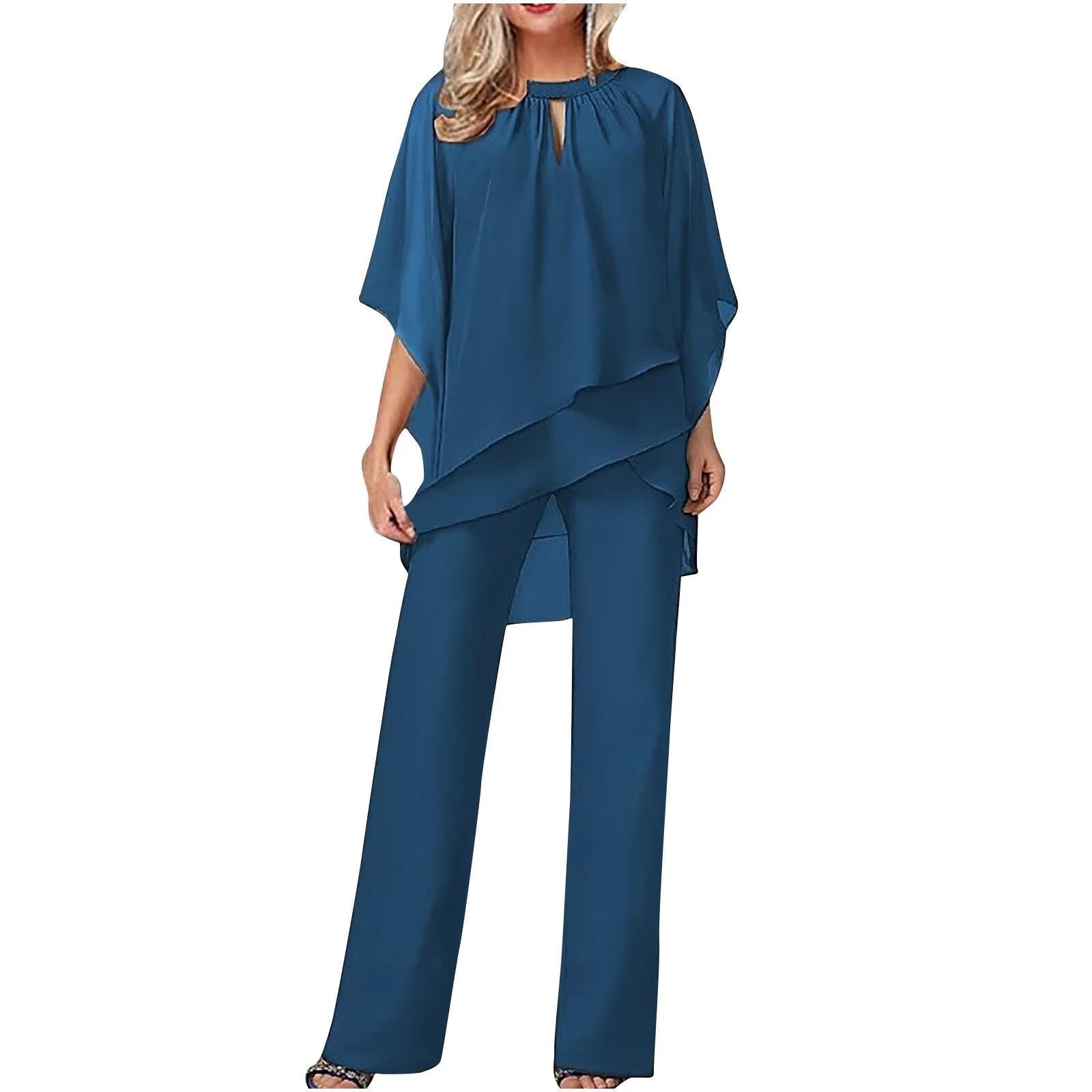 Women's Chiffon Overlay Cargo Trouser Set Batwing Sleeves - Royal Blue
