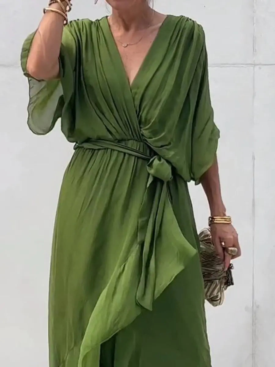 Women's Chiffon V-Neck Belted Midi Cocktail Party Dress