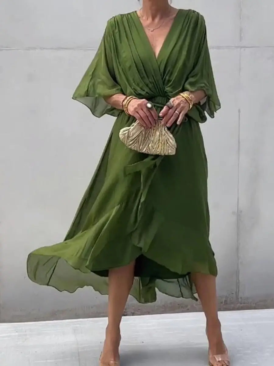 Women's Chiffon V-Neck Belted Midi Cocktail Party Dress
