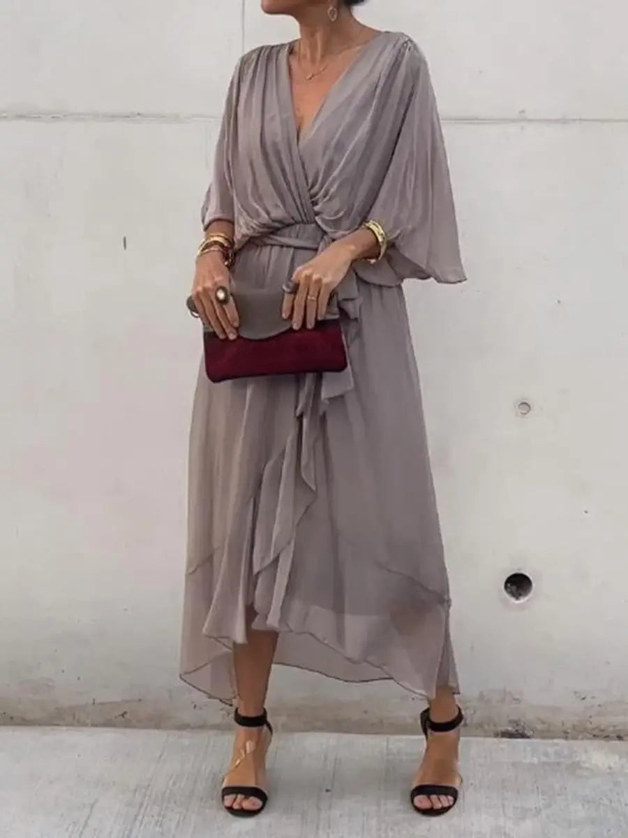Women's Chiffon V-Neck Belted Midi Cocktail Party Dress - Grey