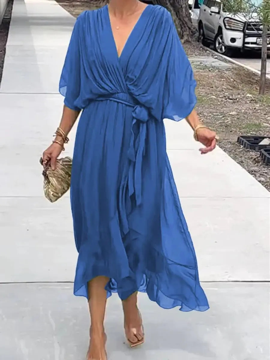 Women's Chiffon V-Neck Belted Midi Cocktail Party Dress - Blue