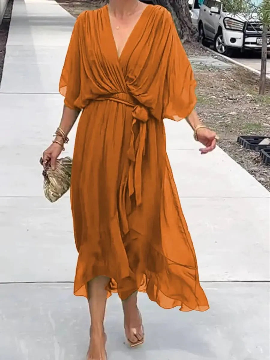 Women's Chiffon V-Neck Belted Midi Cocktail Party Dress - Orange