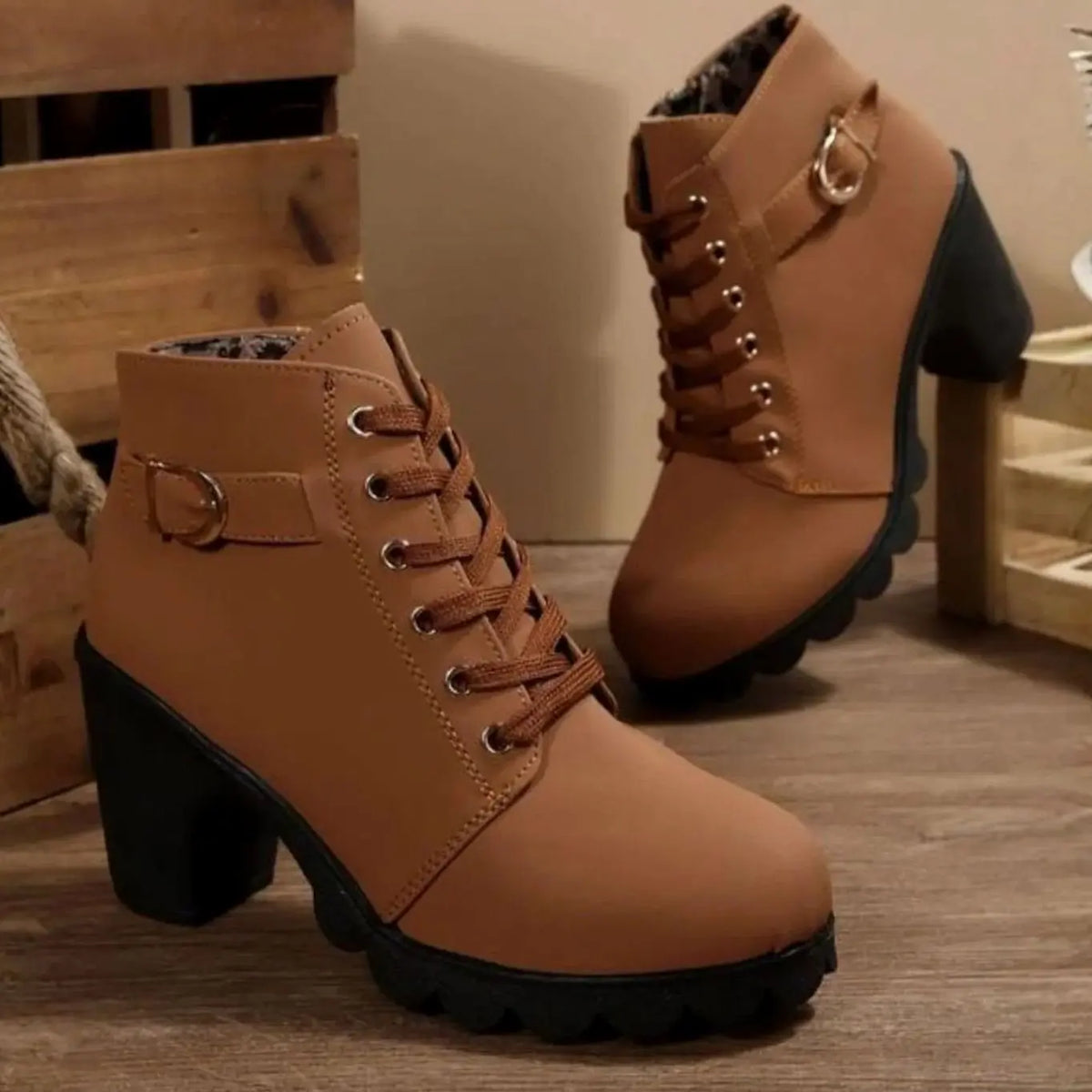 Women's Chunky-Heel Lace-Up Ankle Boots Metal Buckle - Brown