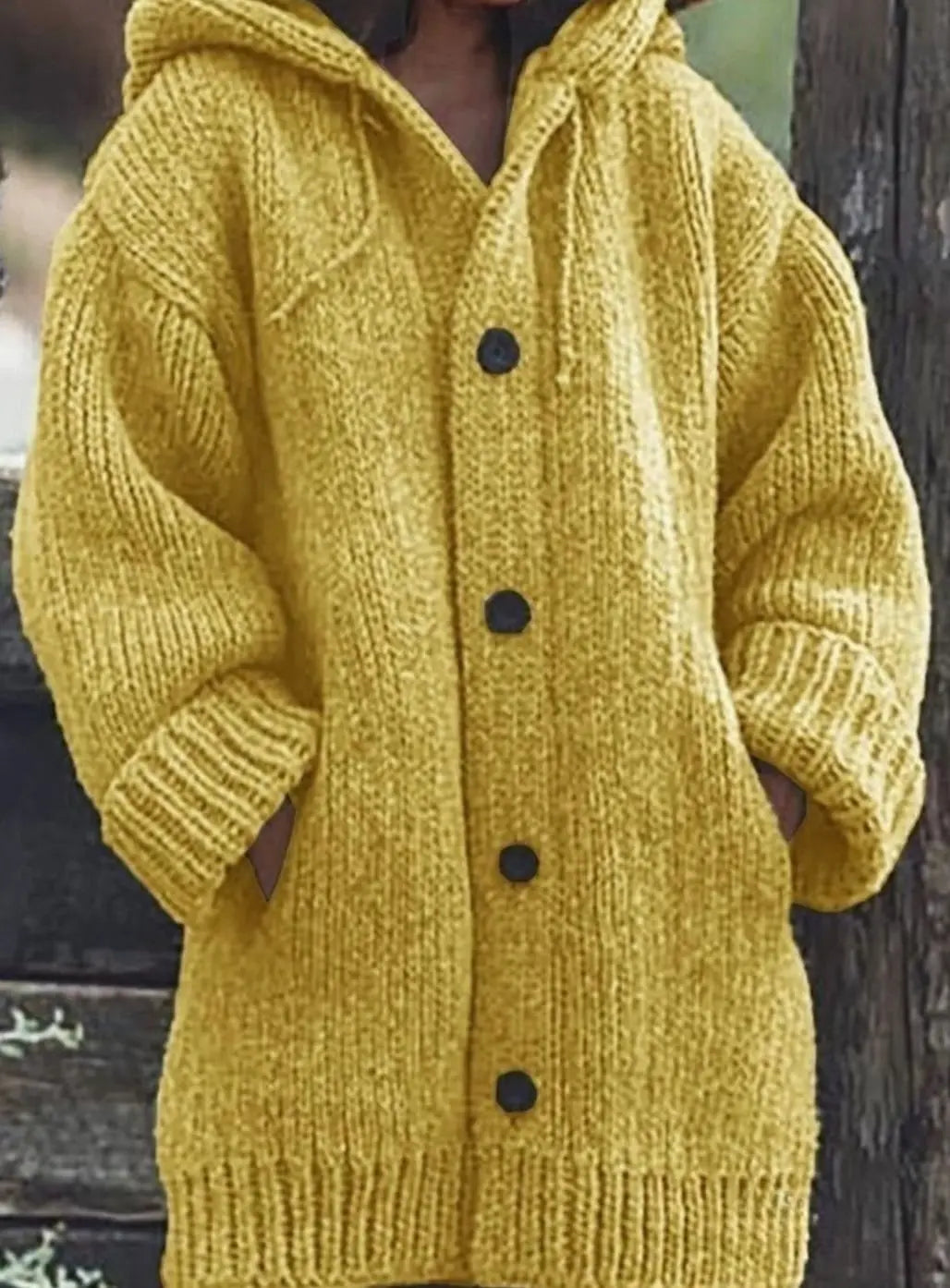 Women's Chunky Knit Hooded Oversized Cardigan Jumper - Yellow