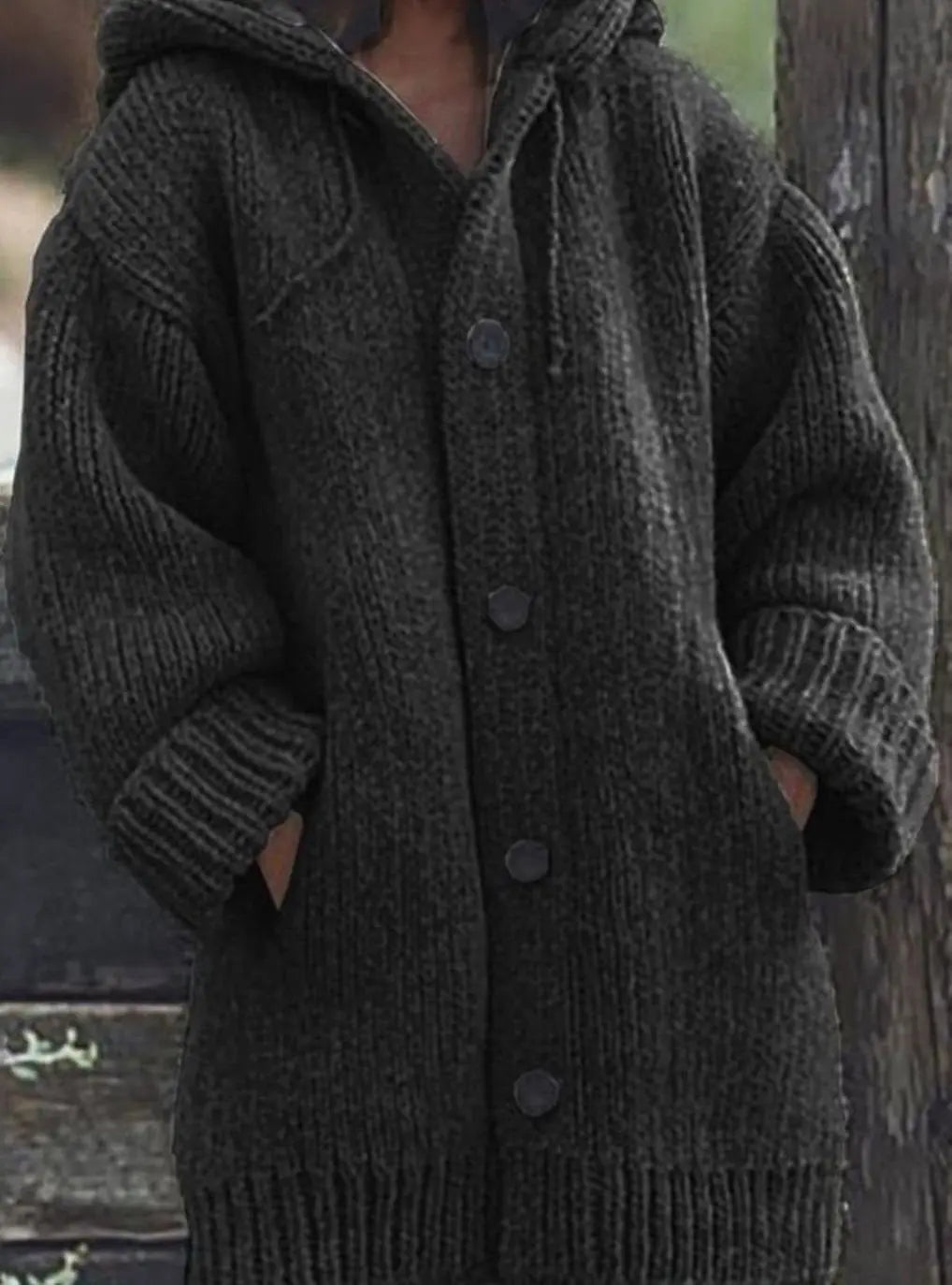 Women's Chunky Knit Hooded Oversized Cardigan Jumper - Black
