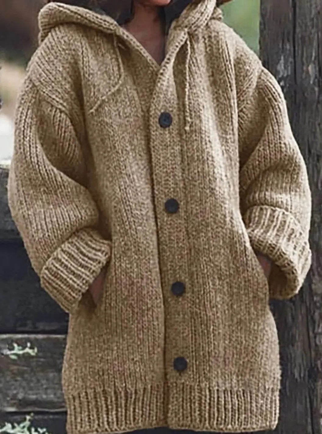 Women's Chunky Knit Hooded Oversized Cardigan Jumper - Khaki