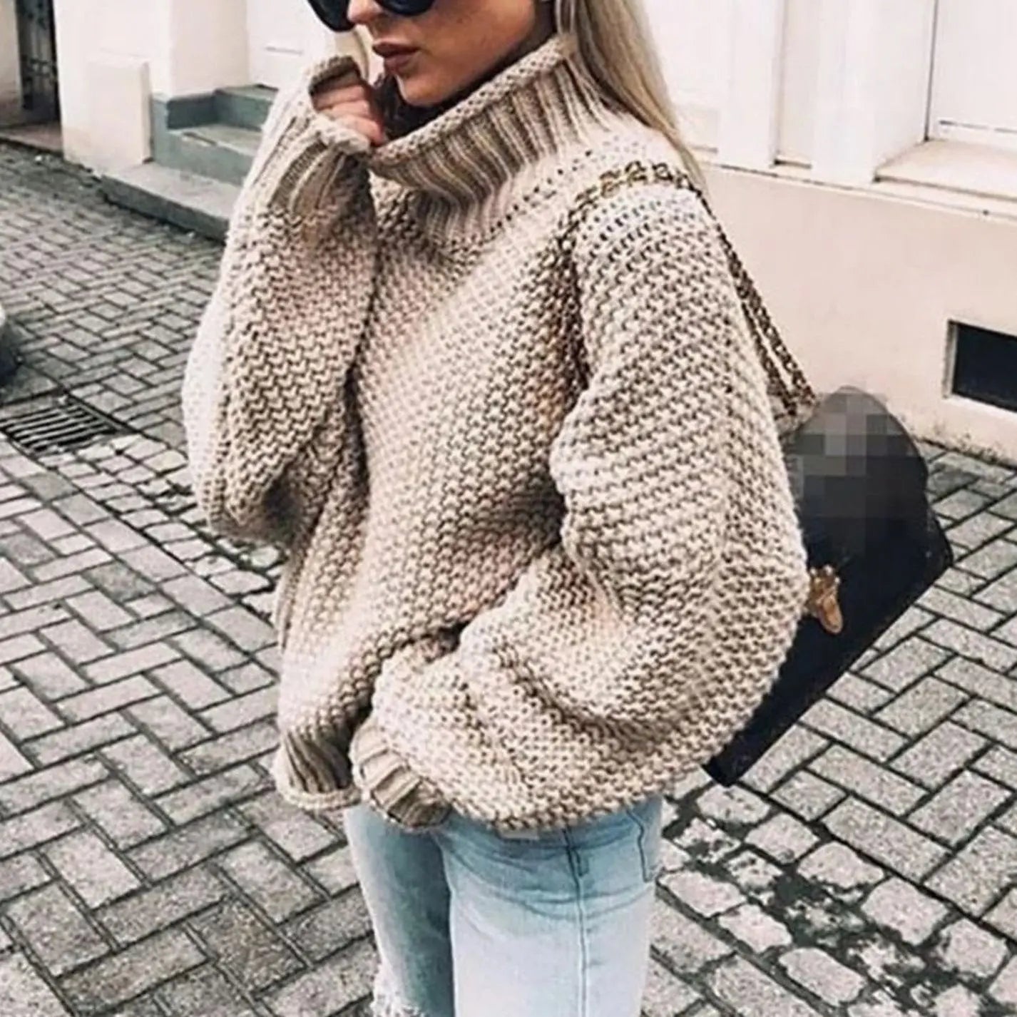 Women's Chunky Knit Oversized Turtleneck Sweater Jumper - Khaki