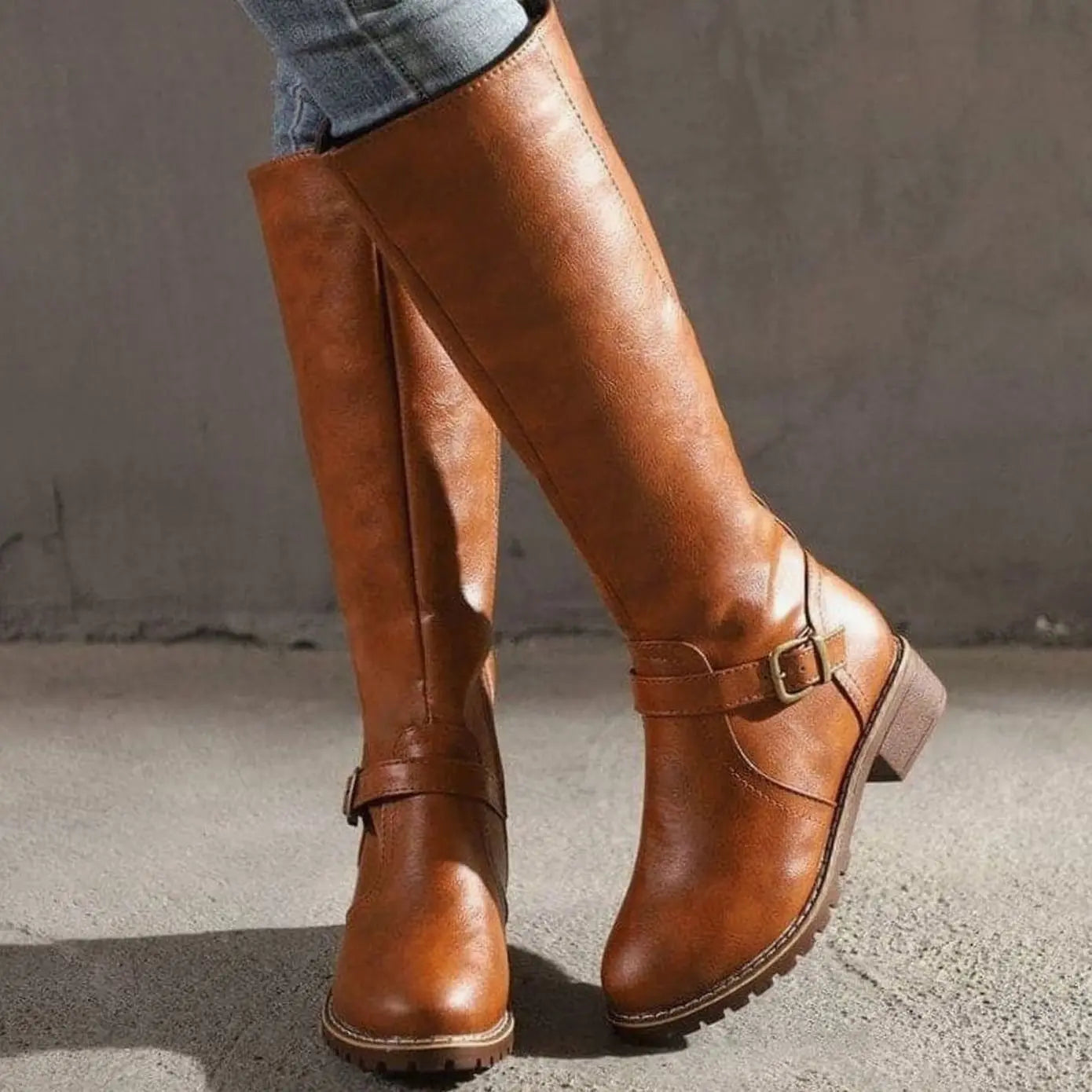 Women's Classic Buckle Side-Zip Knee-High Boots - Brown
