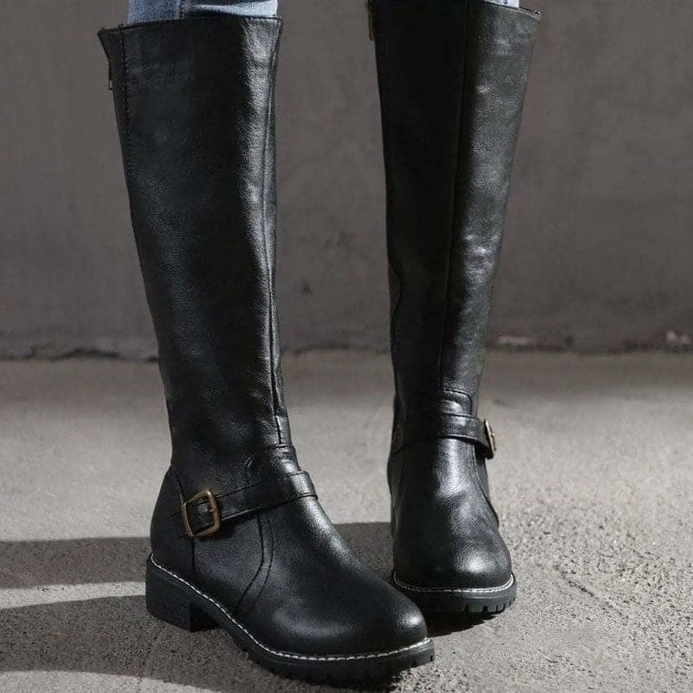 Women's Classic Buckle Side-Zip Knee-High Boots - Black
