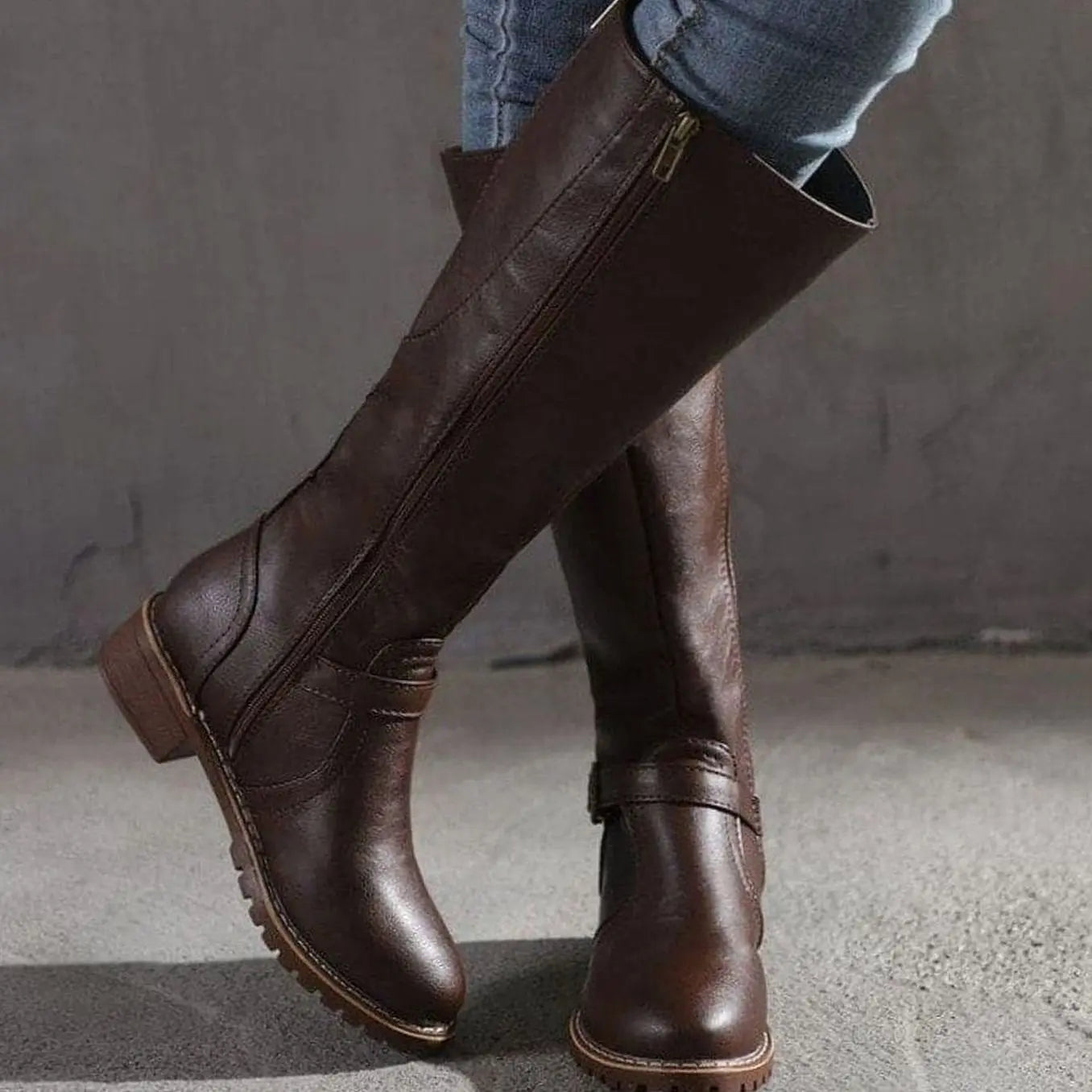 Women's Classic Buckle Side-Zip Knee-High Boots - Dark Brown