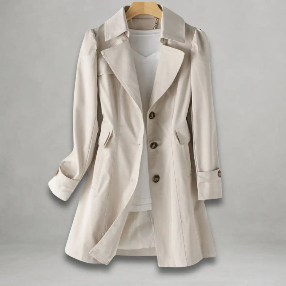 Women's Classic Single-Breasted Trench Coat Notch Lapel - Beige