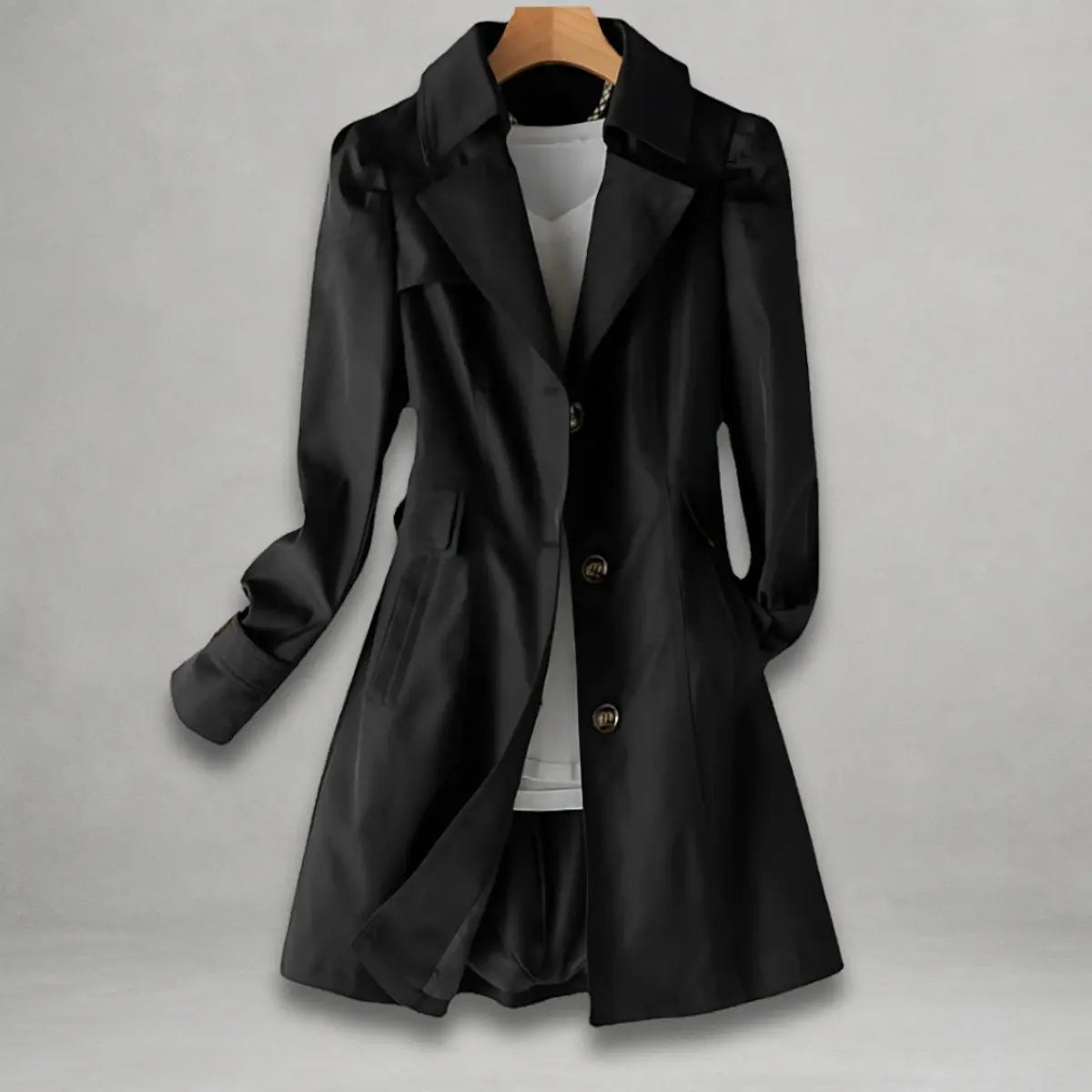 Women's Classic Single-Breasted Trench Coat Notch Lapel - Black