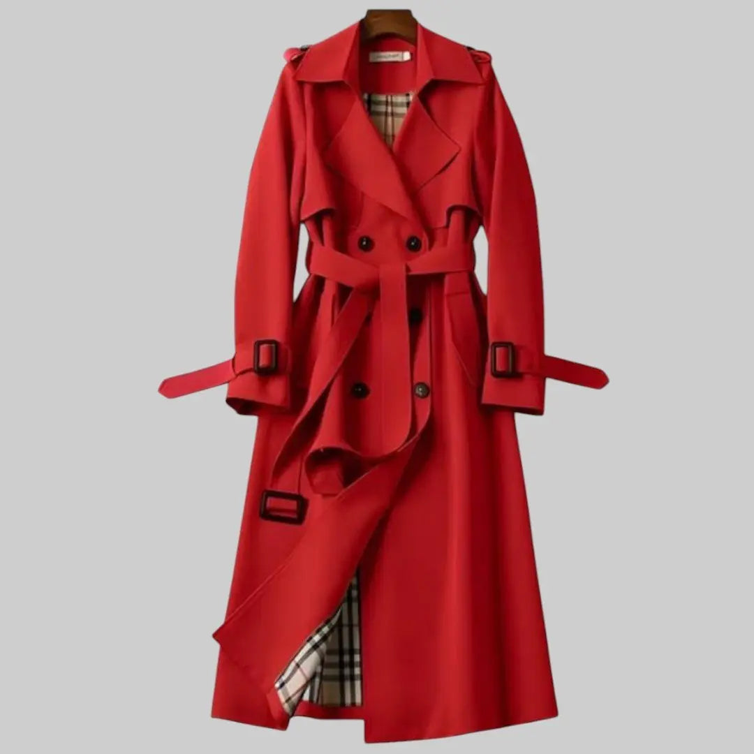 Women's Classic Trench Coat Double-Breasted Belted - Red
