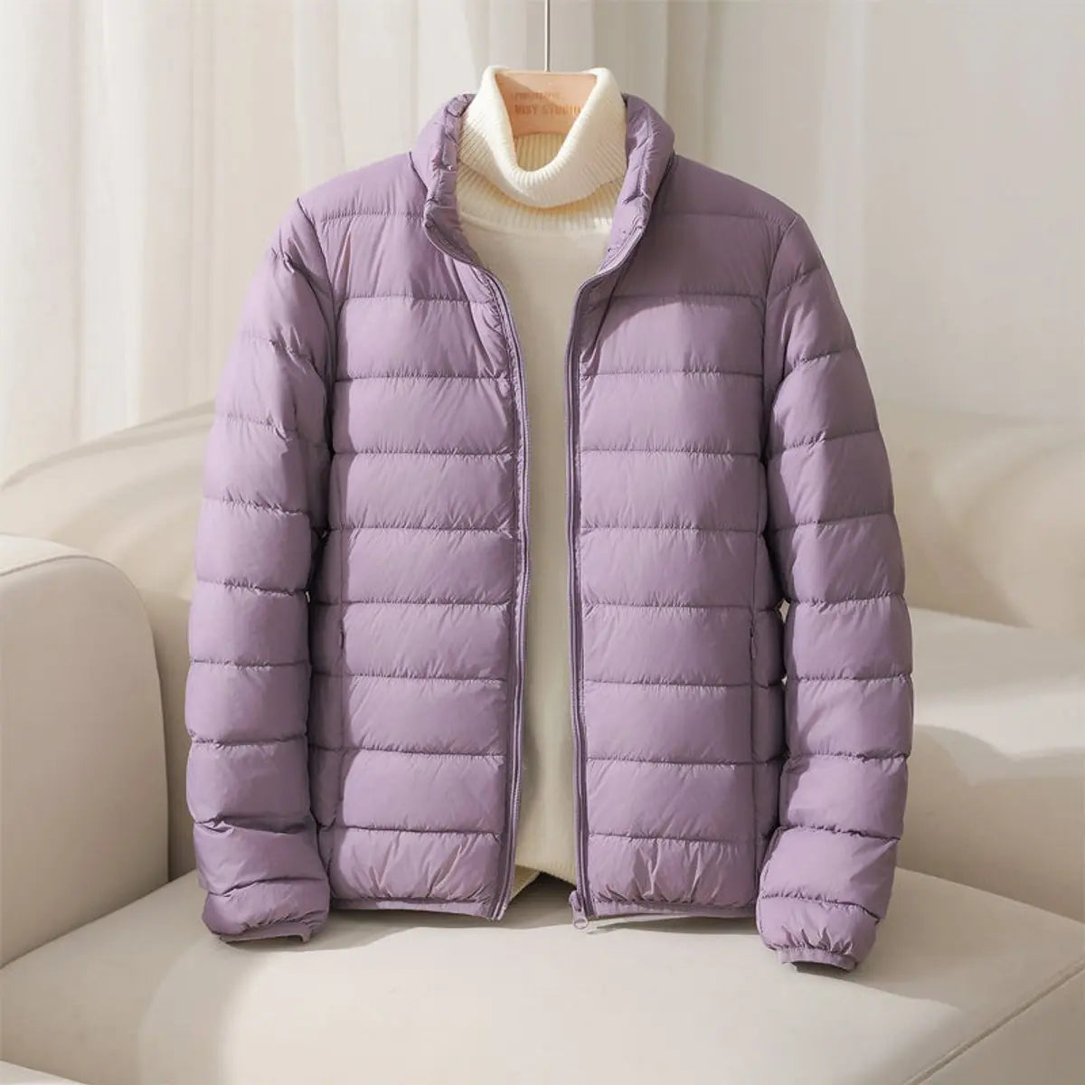 Women's Coat Lightweight Quilted Puffer Jacket Stand Collar - Lavender