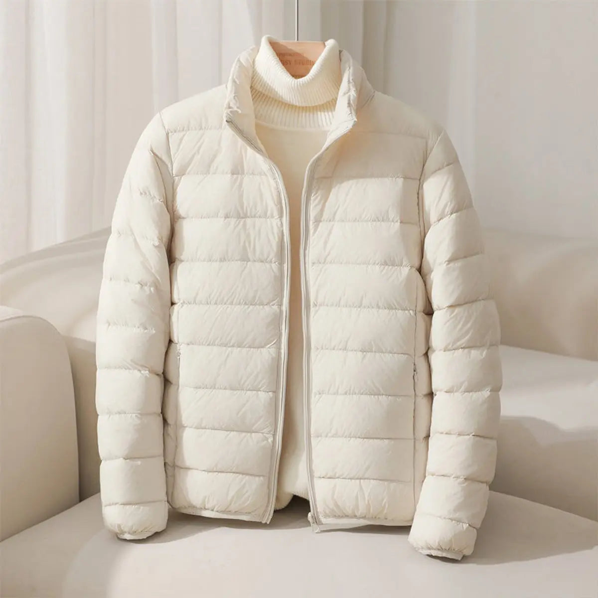 Women's Coat Lightweight Quilted Puffer Jacket Stand Collar - Beige