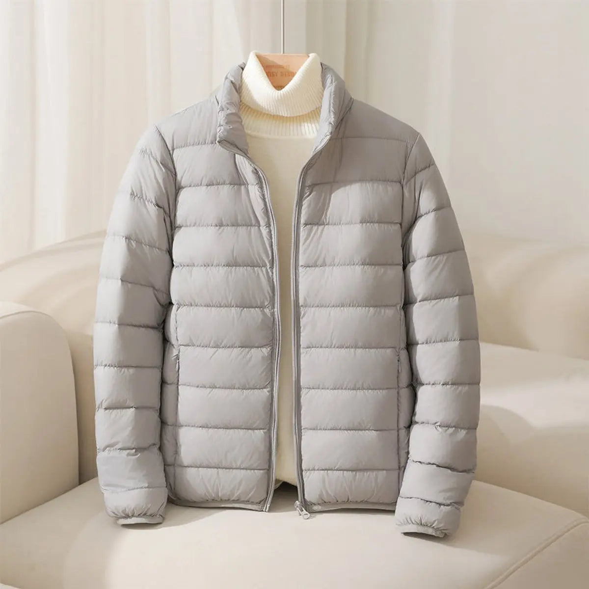 Women's Coat Lightweight Quilted Puffer Jacket Stand Collar - Grey