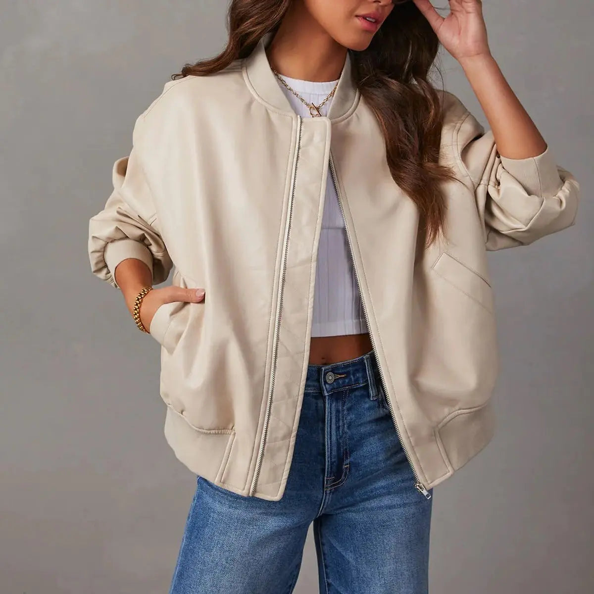 Women's Coat Relaxed Bomber Faux Leather Zip-Up Jacket - Cream