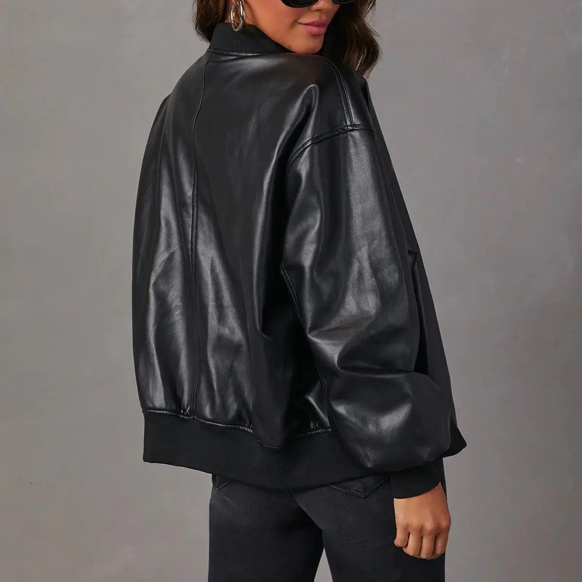 Women's Coat Relaxed Bomber Faux Leather Zip-Up Jacket