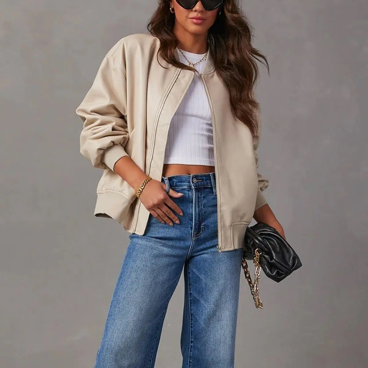 Women's Coat Relaxed Bomber Faux Leather Zip-Up Jacket