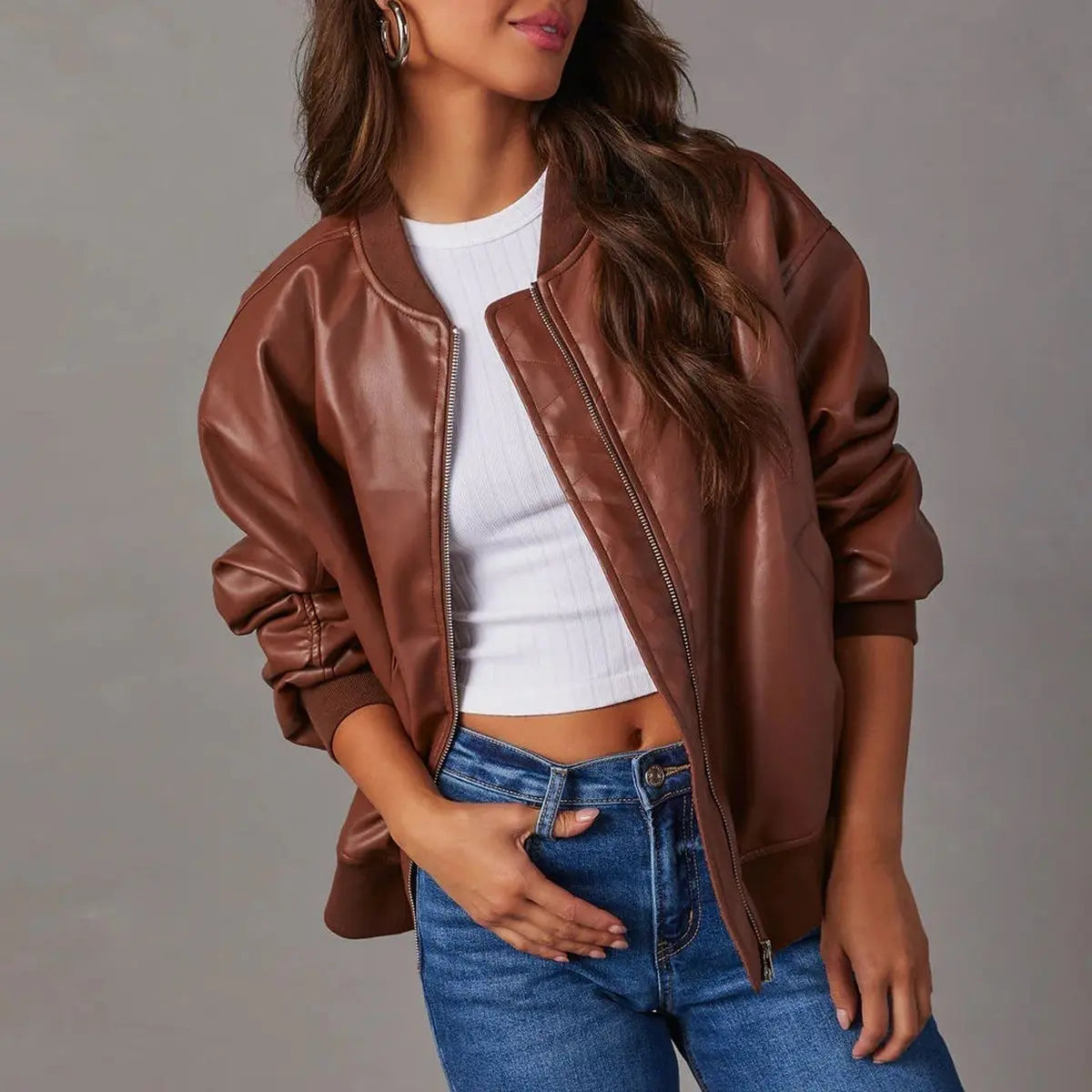 Women's Coat Relaxed Bomber Faux Leather Zip-Up Jacket