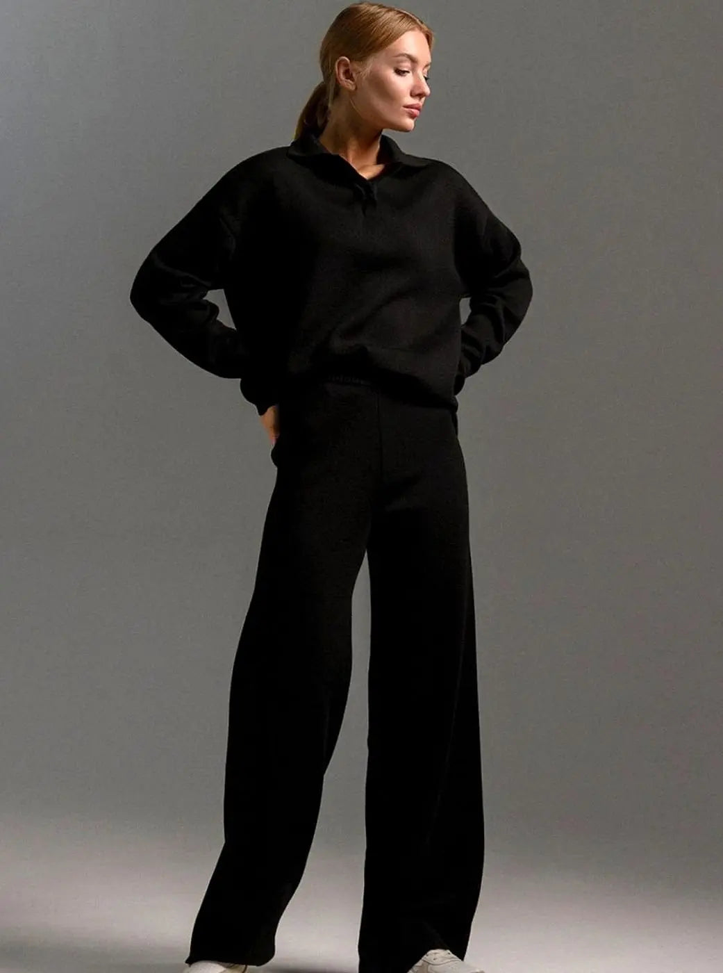 Women's Collared Relaxed Fit Wide-Leg Two-Piece Lounge Set - Black