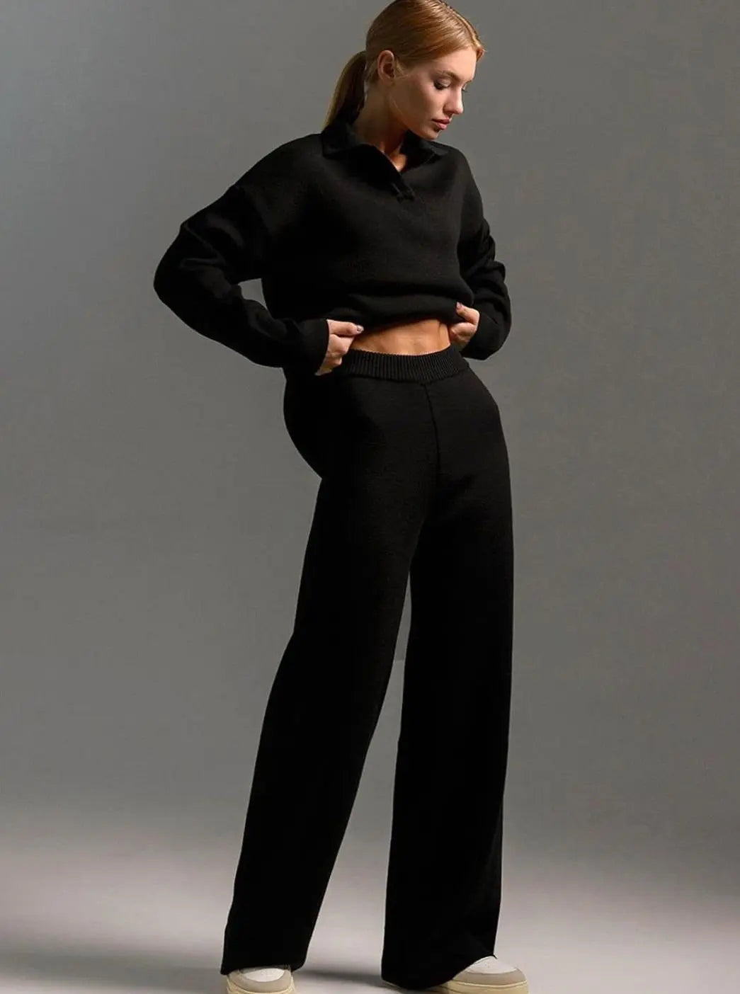 Women's Collared Relaxed Fit Wide-Leg Two-Piece Lounge Set