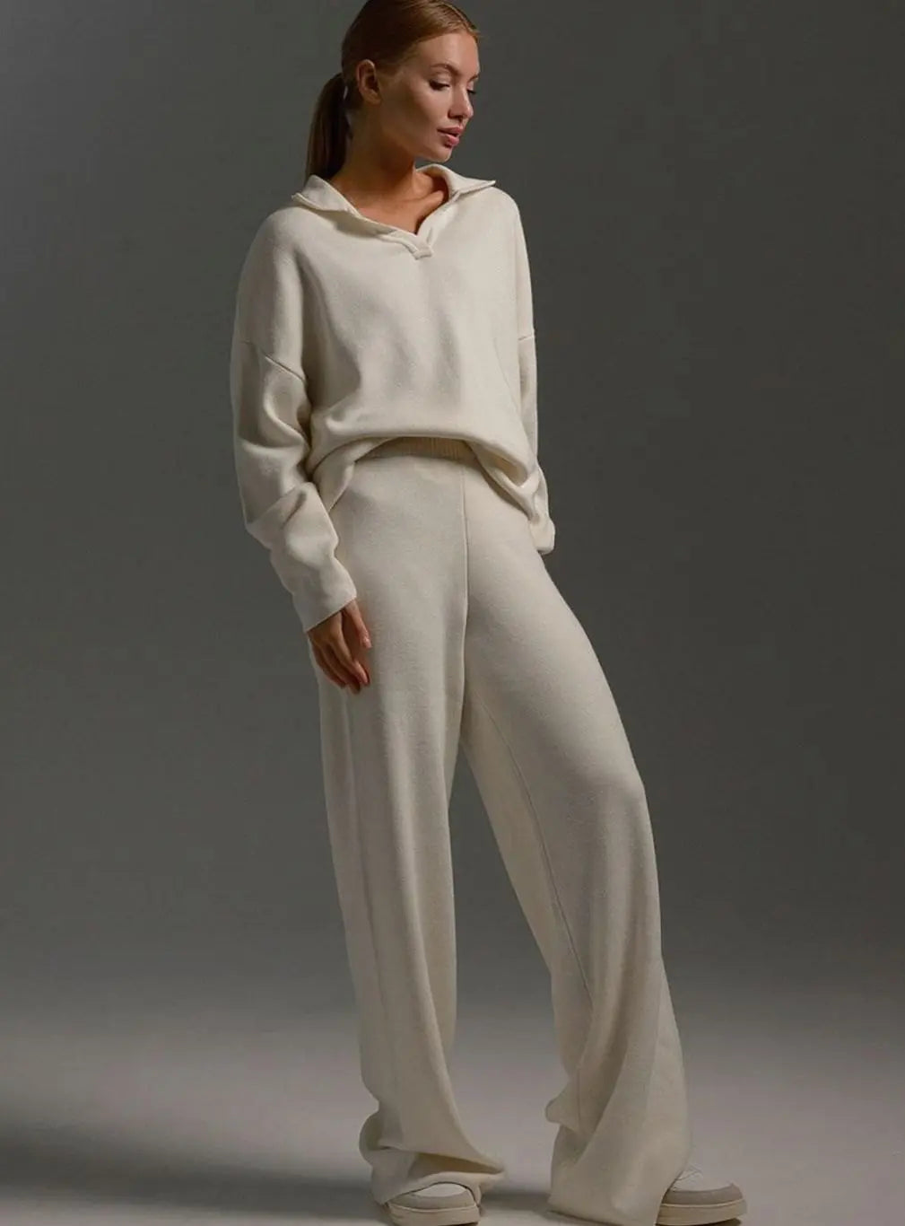 Women's Collared Relaxed Fit Wide-Leg Two-Piece Lounge Set