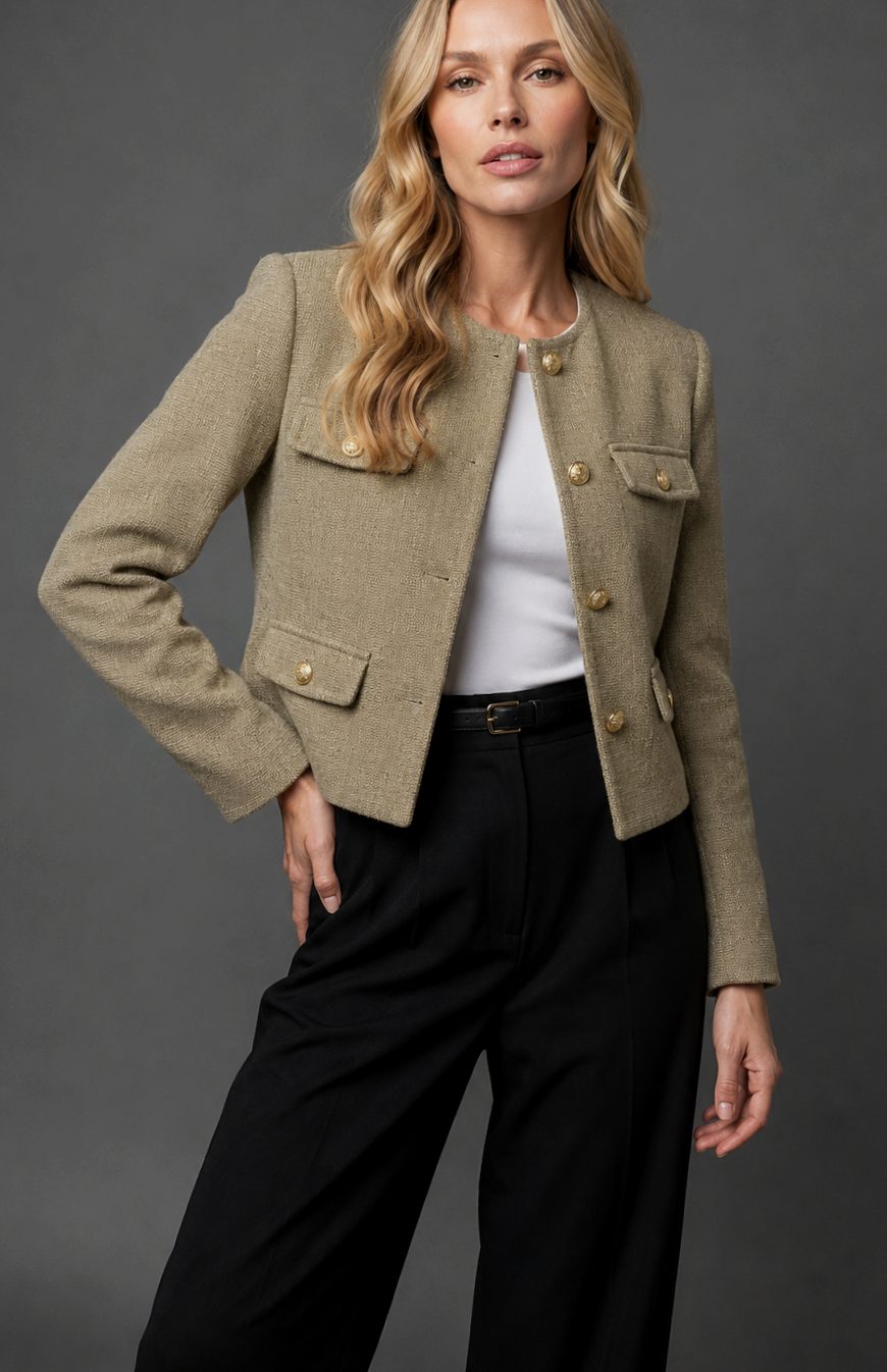 Women's Collarless Cropped Tweed Blazer Gold Button Flap Pocket - Olive