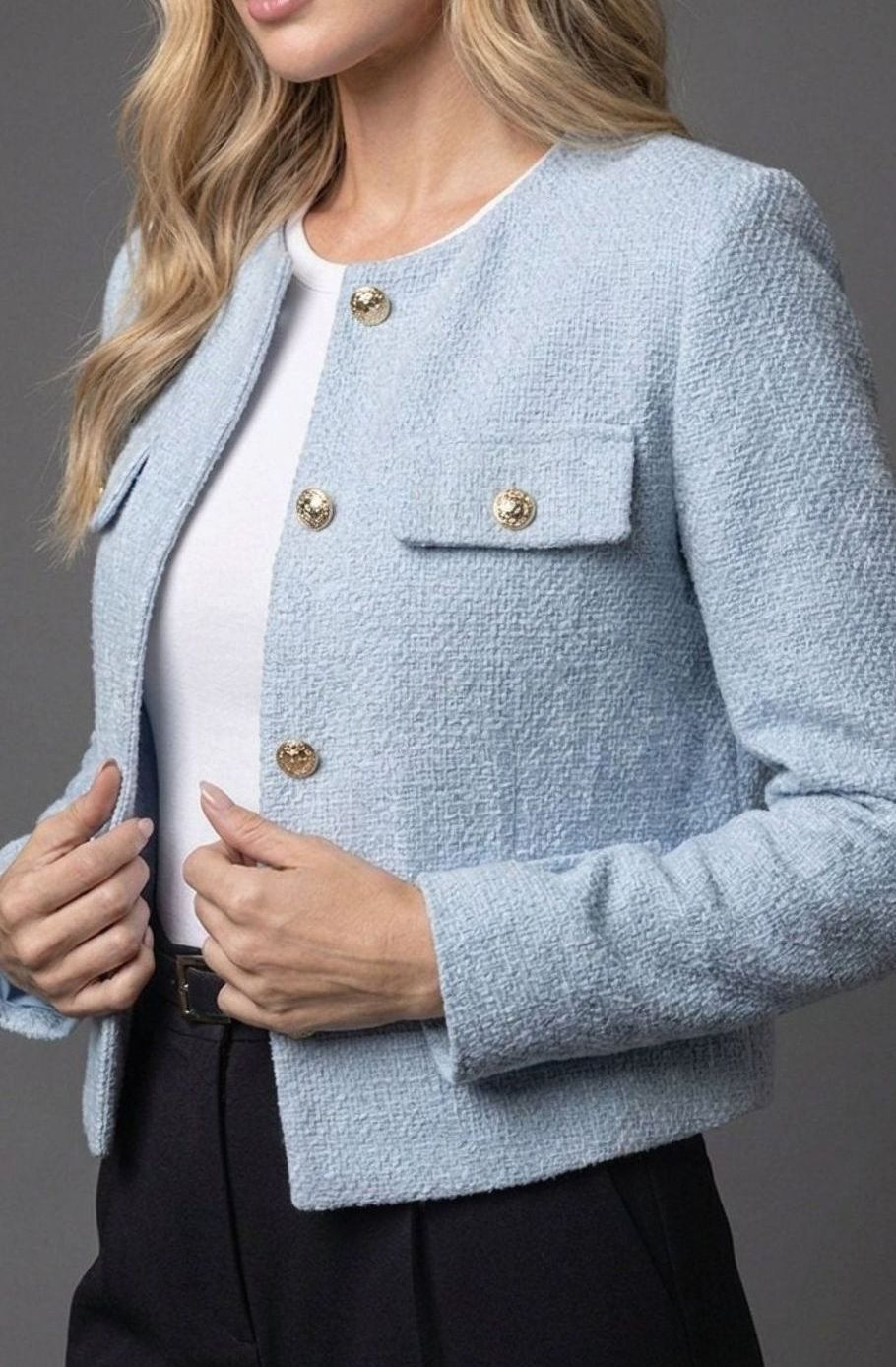 Women's Collarless Cropped Tweed Blazer Gold Button Flap Pocket